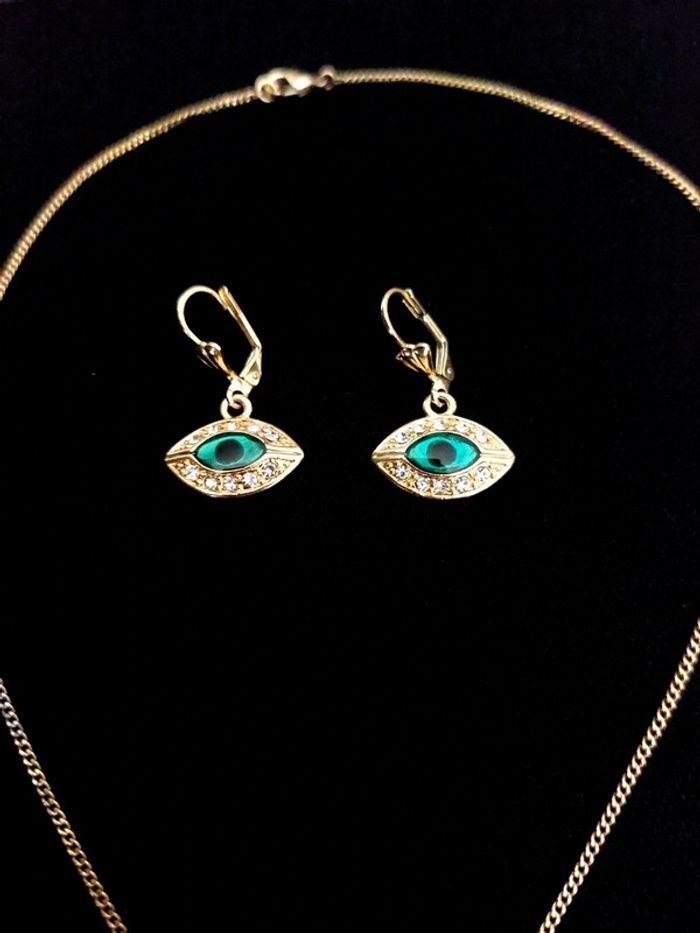 Magnifique parure collier et boucles d'oreilles mauvais œil en plaqué or - photo numéro 3
