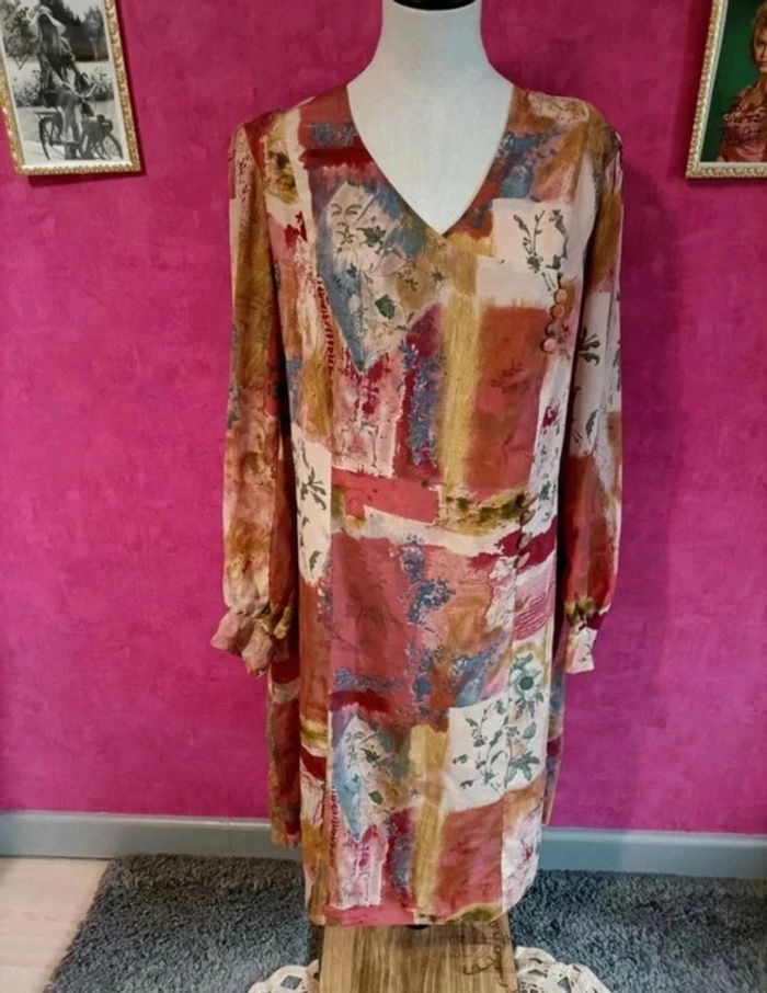 Robe midi à manches longues vintage faite main col V taille 44 - photo numéro 3