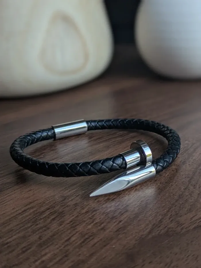 Bracelet magnétique cuir noir clou idée cadeau fêtes des pères - photo numéro 2