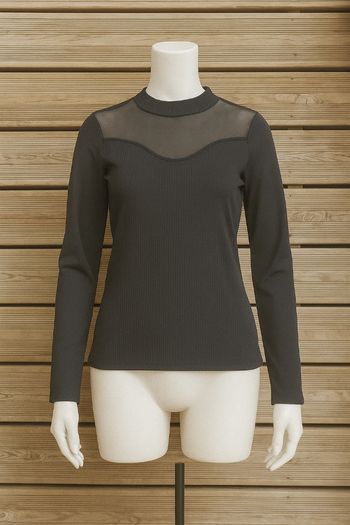 T-shirt femme noir en tulle côtelé transparent – Shein – Taille 46 – Top chic tendance