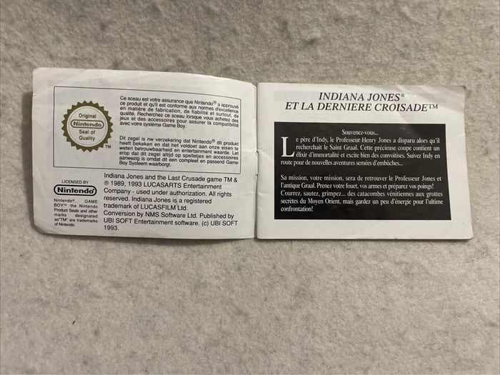 Notice Nintendo Game Boy - Indiana Jones Et La Dernière Croisade - Bon État - photo numéro 2