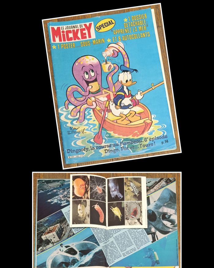 Ancien Journal de Mickey avec cadeau Dossier la mer Poster + vignettes N°1466 1980 vintage
