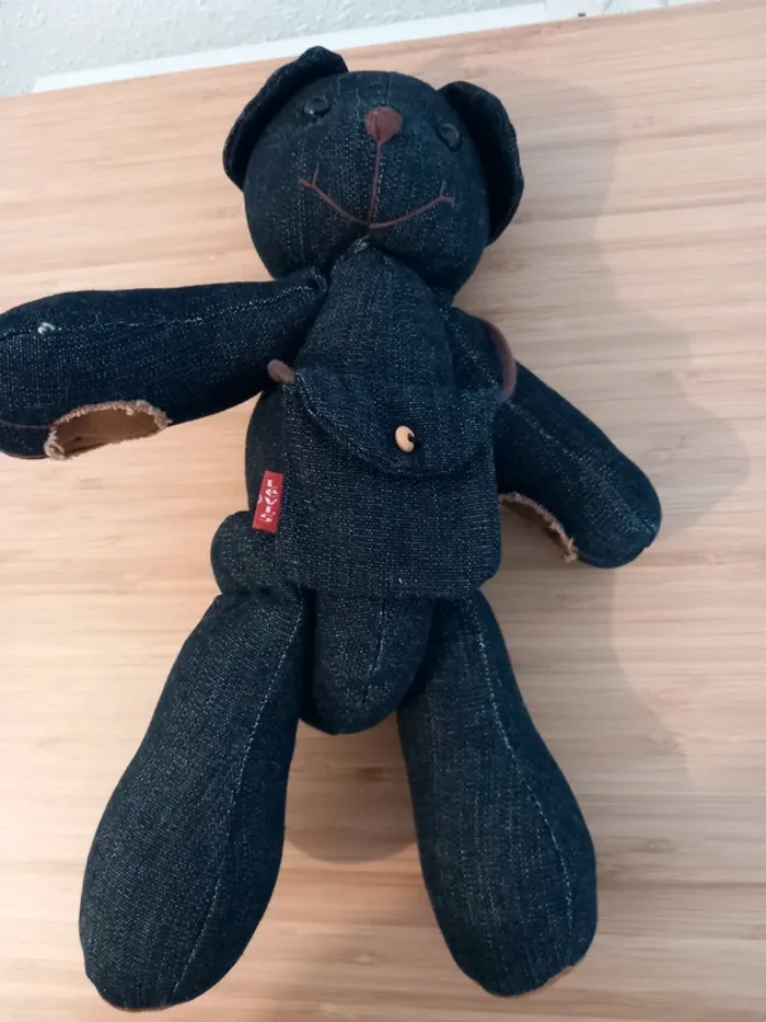Peluche ours articulé Lewis tissus bleu jeans 👖 33cm - photo numéro 4