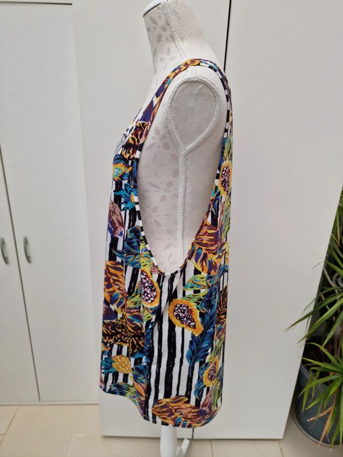 Debardeur Oversize Rayures Blanches Noires Imprimé Ananas Feuillages Papayes Multicolore - photo numéro 6