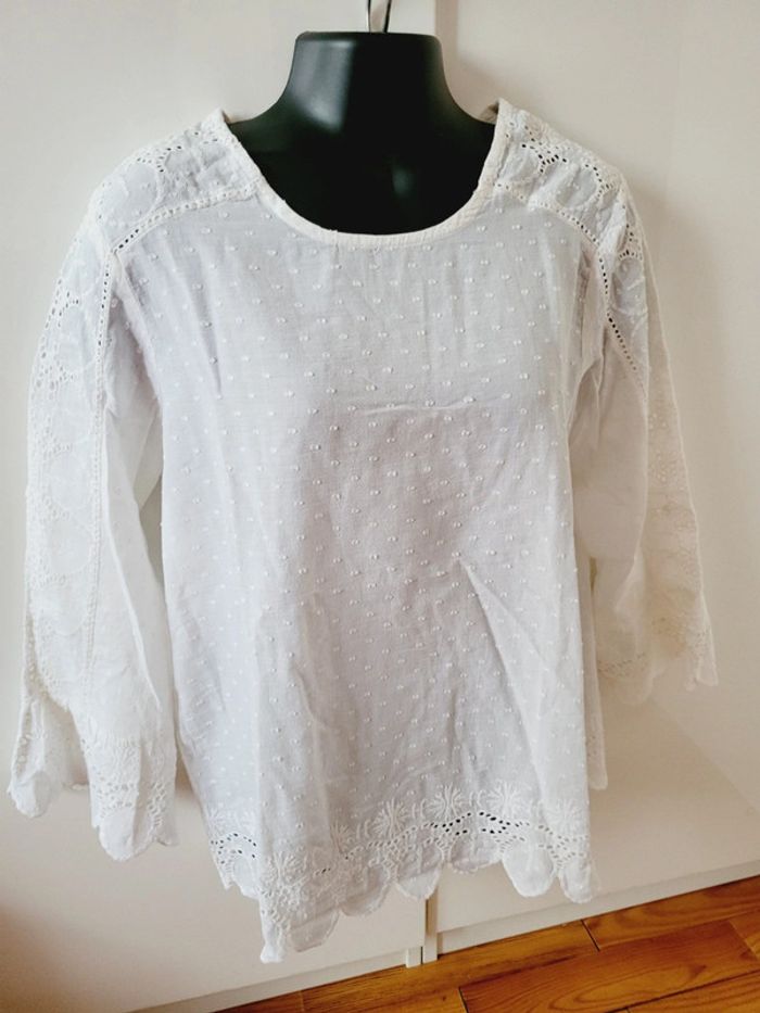 Haut Top tee shirt blouse motifs pois blancs en 100% coton manches originales taille L 40 - photo numéro 2
