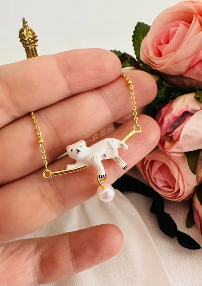 🐈Collier chat japonais émail blanc & perle, chaîne dorée - photo numéro 5