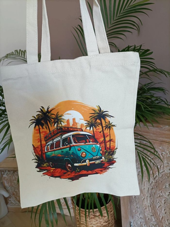 Tote bag Sac en toile beige écru imprimé Plage Surf - photo numéro 2