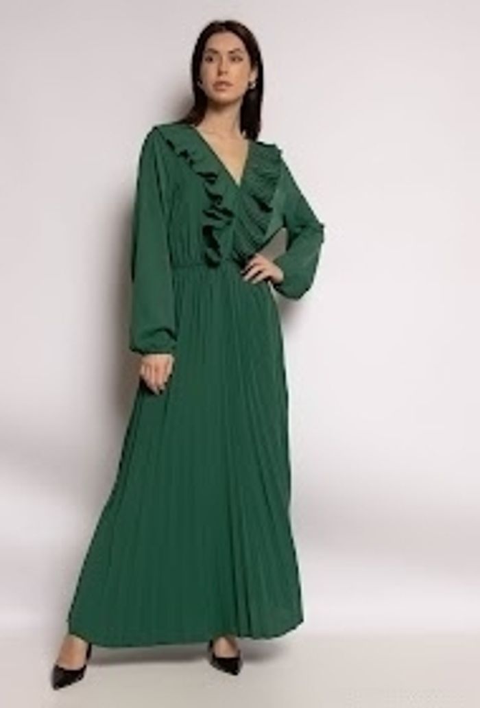 Robe longue d'été ou cérémonie vert sapin manche longue bas plissé et décolleté froufrou taille 40/42