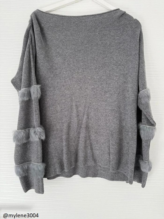 Pull d'hiver gris col rond uni basique simple manches longues en fausse fourrure - photo numéro 5