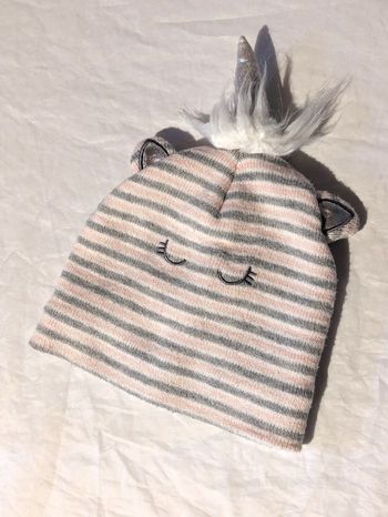 Bonnet Rose Rayures Horizontales Visage Yeux Oreilles Corne Argenté Accessoire Petits Enfants Bébés