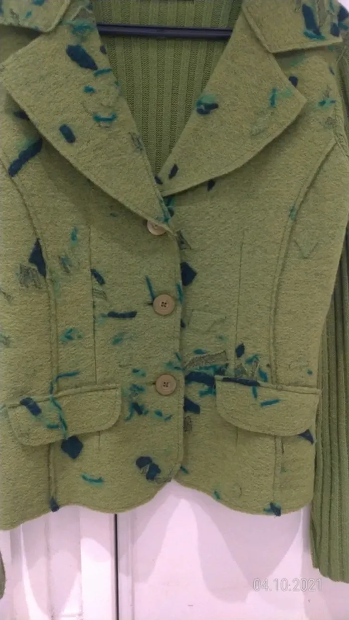 Veste blazer verte en laine bouillie, côtelée manches et dos - photo numéro 5