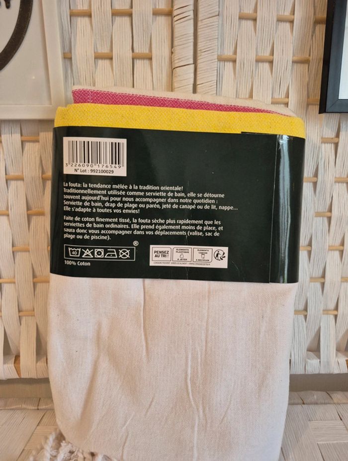 💕jolie Fouta neuve / Drap de plage 100% coton jaune et rose💕 - photo numéro 4