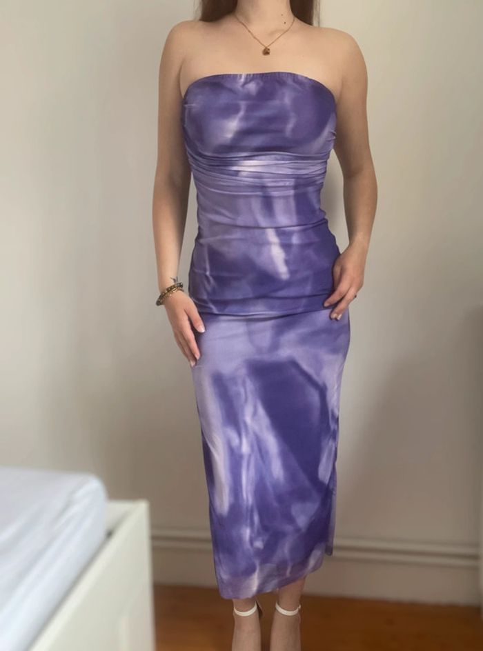 Robe longue d’été sexy bustier avec fente élastique violette et blanche - photo numéro 4