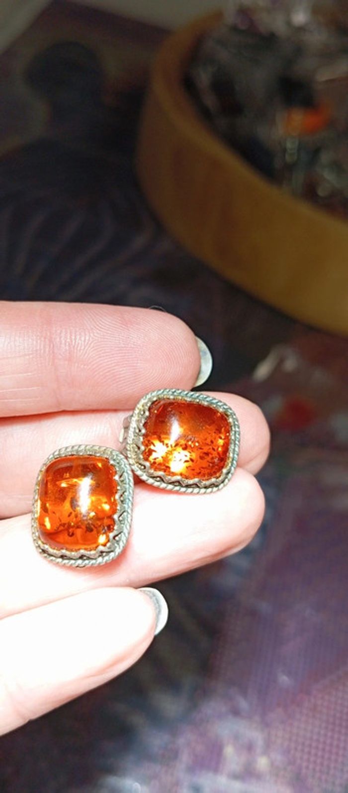 Clips d'oreilles ancien ambre et argent - photo numéro 2