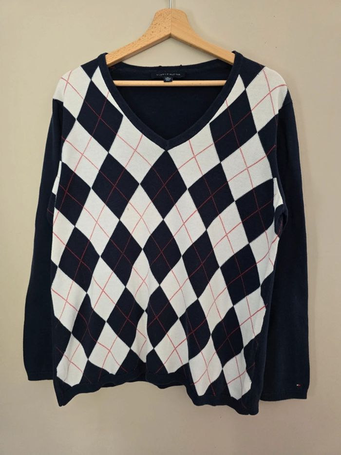 pull tommy hilfiger femme xl col v argyle preppy vintage marine blanc
