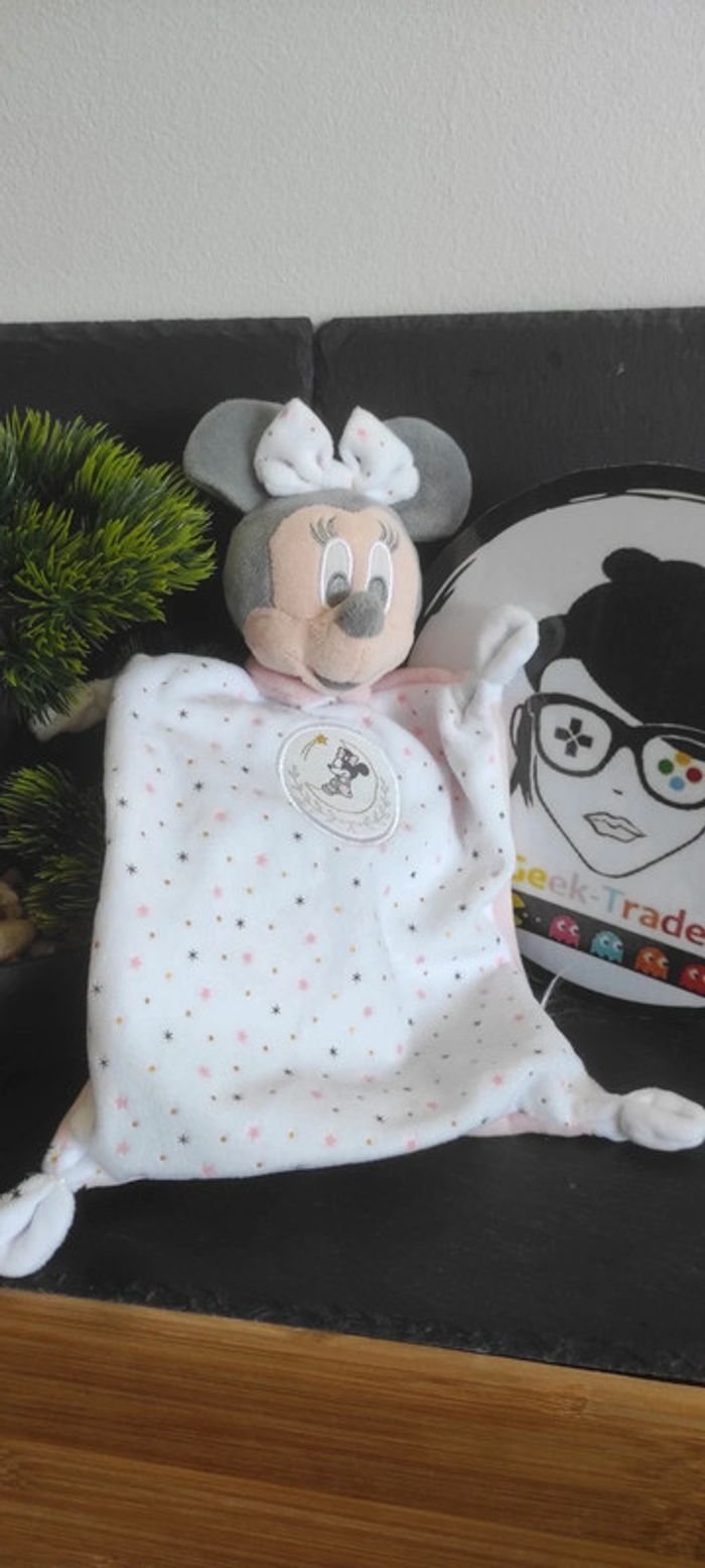 Doudou plat Minnie blanc rose etoile Filante dorée disney simba toys Rond Gris