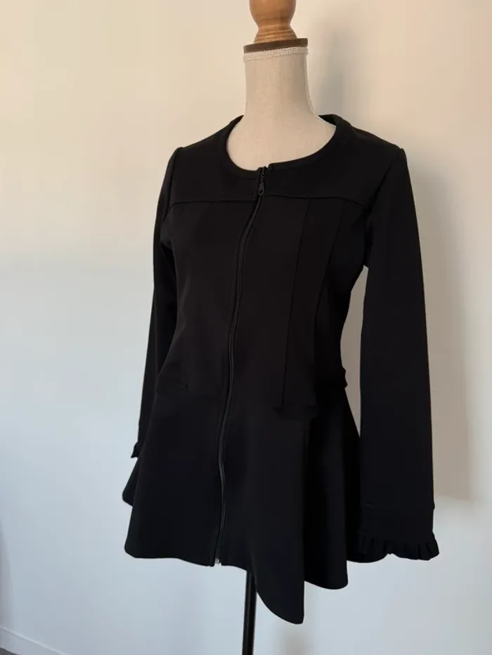 Haut manches noir femme volant cardigan zip blazer tailleur M blouse t-shirt - photo numéro 4