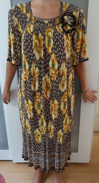 Robe femme vintage pois et plis fleurs jaune marron Virginie Paris t 46