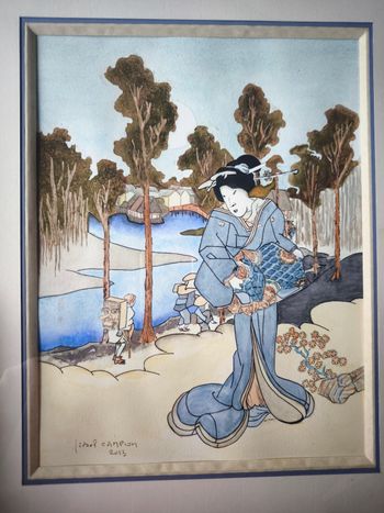 Aquarelle Japonisante reproduction du célèbre Utagawa Kunisada. Signée 