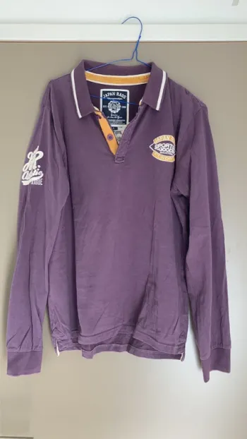 T-shirt homme manches longues col polo brodé L Japan Rags lie de vin