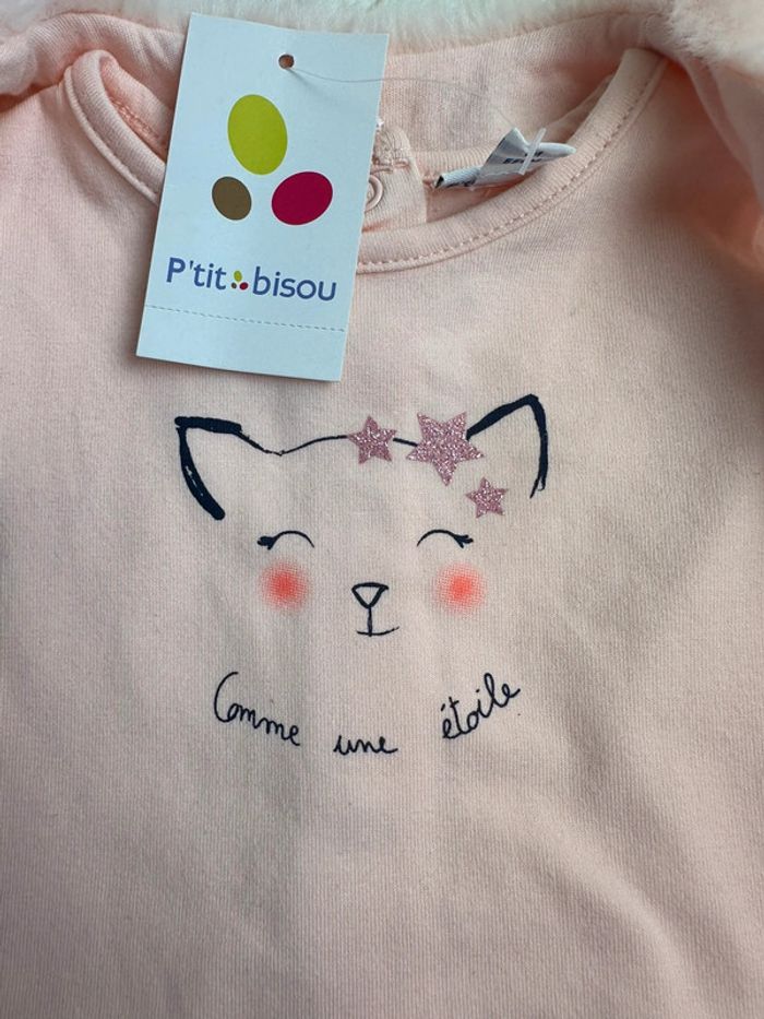 T-shirt manches longues et gilet fourrure p’tit bisou taille 1 mois - photo numéro 2