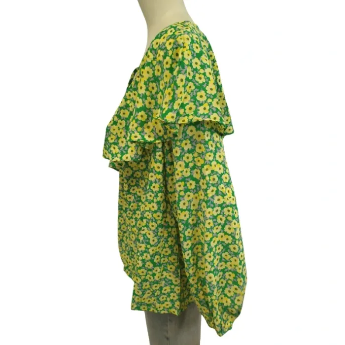 Blouse légère manches longues à volants col en V volanté fleurs jaune et vertes A - photo numéro 4