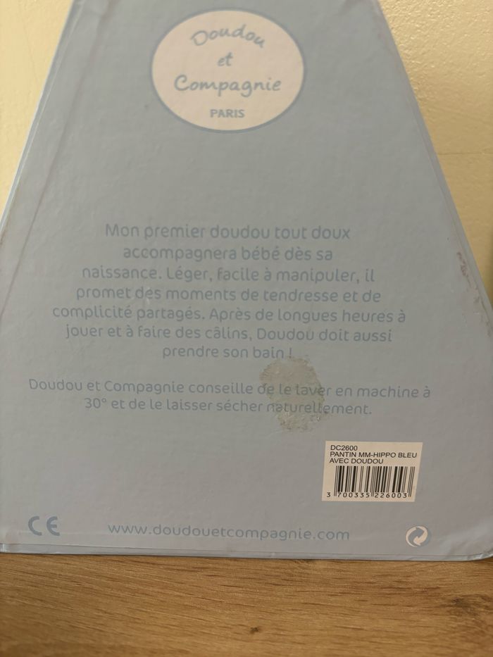 Doudou hippopotame mouchoir blanc bleu doudou et compagnie neuf - photo numéro 4