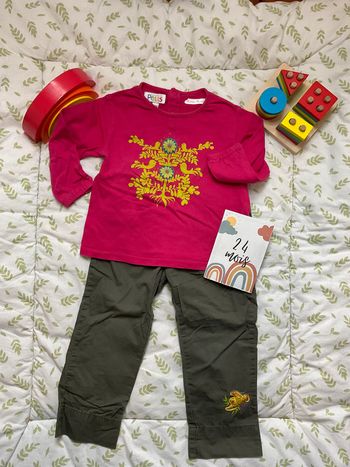 ensemble teeshirt manches longues rose et pantalon léger gris la compagnie des petits 24 mois