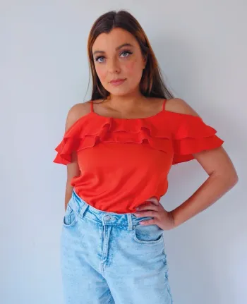 Blouse d'été à épaules nues rouge orange volanté bohème tendance Promod Taille 34