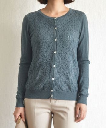 Gilet _ cardigan fin vert canard / bleu pétrole dentelle - Tissaia - Taille 38/40 (M/L