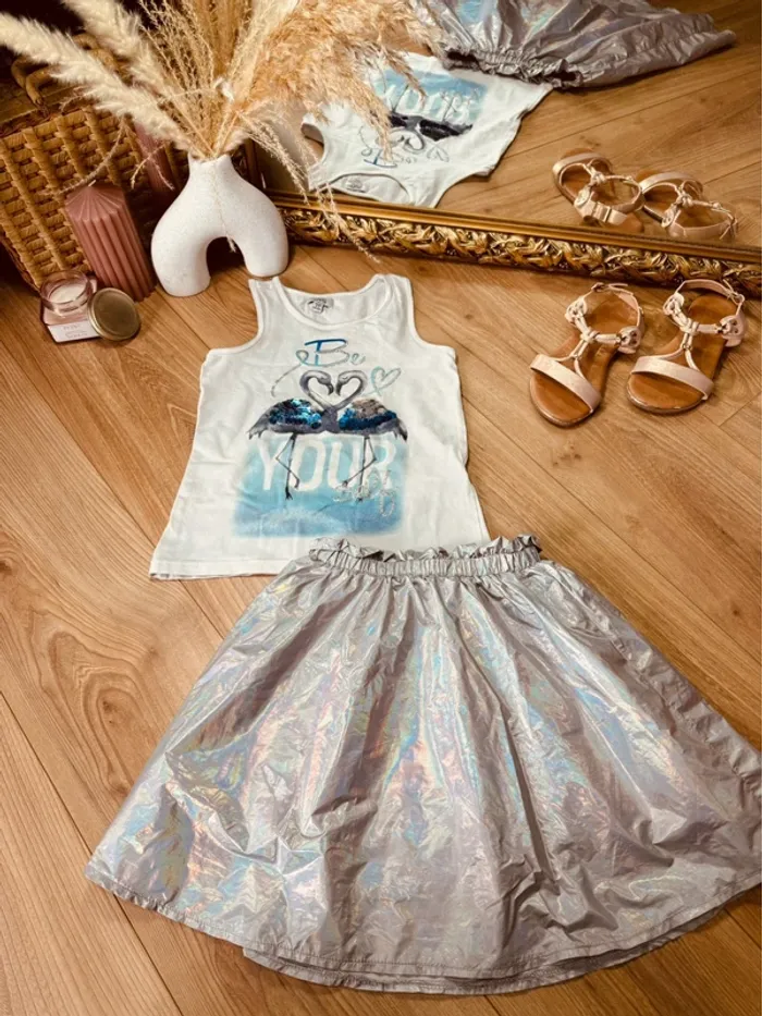 Taille 6 ans tenue 2 pièces fille Ovs Galeries Lafayette blanc bleu argenté * be you * 🩷
