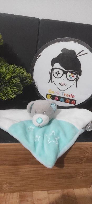 doudou ours tom & Zoé gris bleu vert blanc étoiles carré plat Turquoise Petit