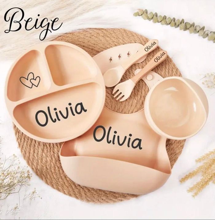 Ensemble vaisselle repas pour bébé à personnaliser Beige Neuf