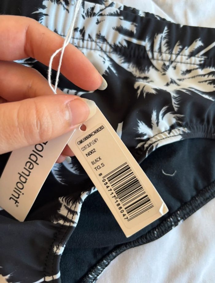 Bas de maillot de bain noir motif feuillage blanc Goldenpoint lacets taille S/36 neuf avec étiquette - photo numéro 3