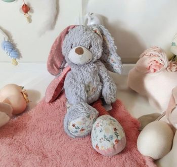 DOUDOU LAPIN GRIS ROSE BLANC FLEURS POIS