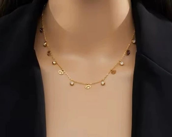 Collier doré en acier inoxydable – pampilles œil & strass (neuf) - photo numéro 2