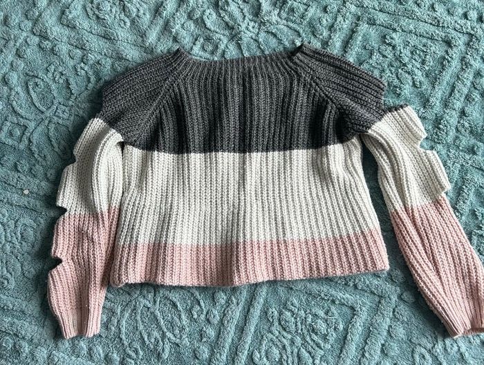 Pull tricolore en maille - gris, blanc cassé et rose poudré