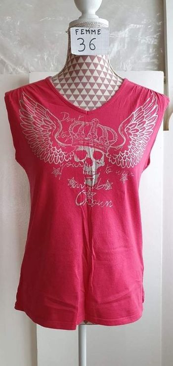 Débardeur, rose à motif argenté, en très très bon état, marque Kiabi, coton=4€
