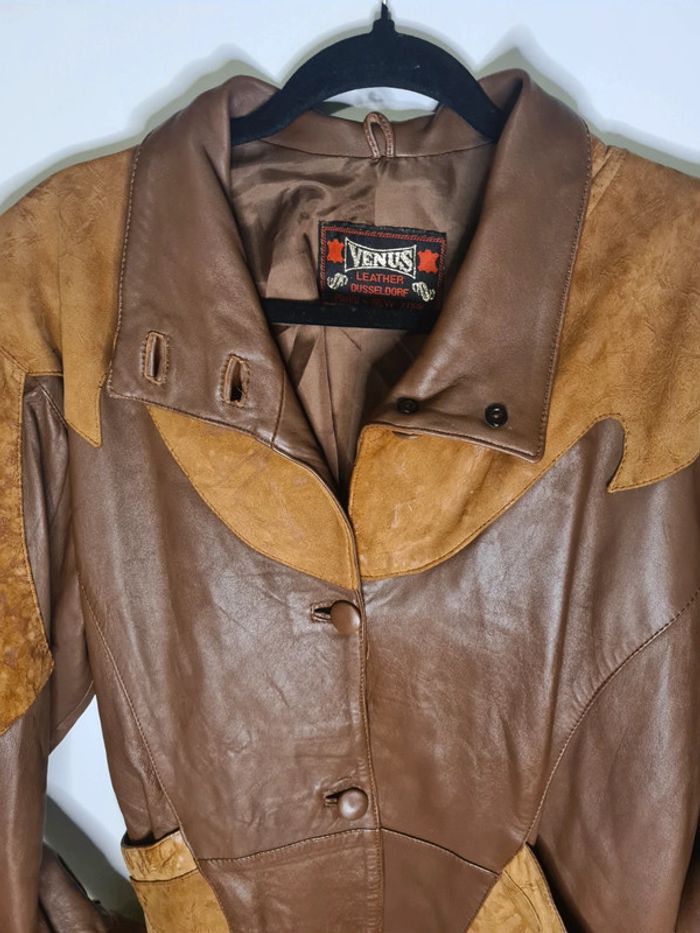 Blouson vintage mi long cuir marron daim et cuir - photo numéro 3