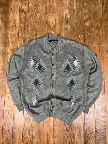 Pull cardigan maille vintage coton motifs carreaux multicolore L