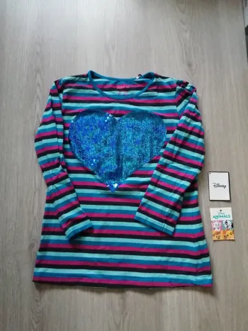 Tee-shirt manches longues rayé bleu noir et rose avec cœur sequin / pepperts / (10-12ans)