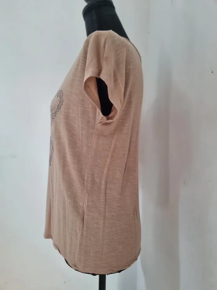 Top / t-shirt beige camel avec tigre en strass or et argent. Femme. Taille M. Arkitect. - photo numéro 3