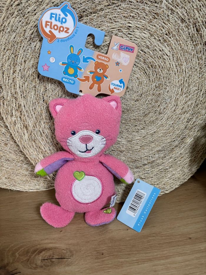 Neuf doudou réversible chat rose lapin violet gipsy