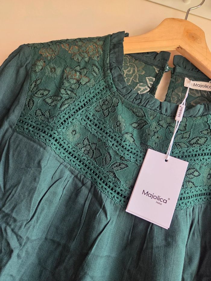 Blouse vert sapin majolica neuve avec dentelle - Taille L - photo numéro 2
