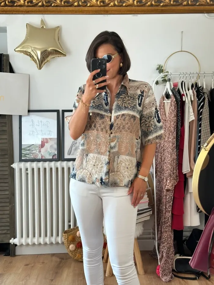 Blouse vintage taille 38 dorée bleue et beige - photo numéro 2
