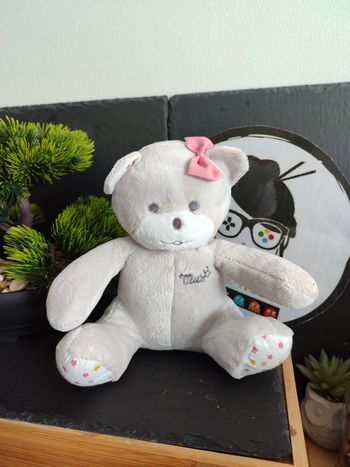 peluche Doudou ours pantin Musti mustela blanc gris noeud étoile rose jaune 1290