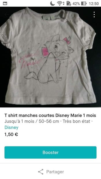 T shirt manches courtes Disney Marie 1 mois