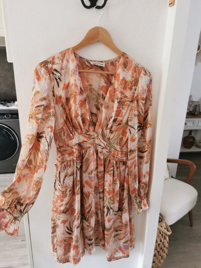 Robe à manches longues col V - Terracotta, parme et dorée - photo numéro 3