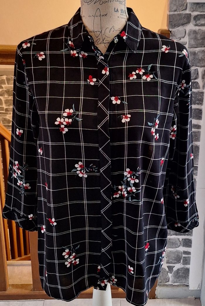 Chemise fluide noire imprimée de carreaux et de fleurs - photo numéro 5