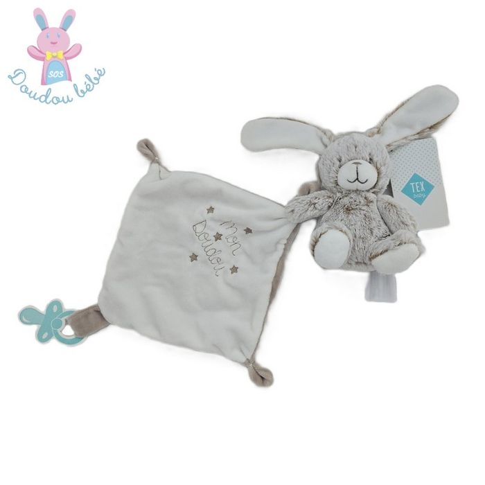 Doudou Lapin beige blanc mouchoir "mon doudou" attache tétine TEX